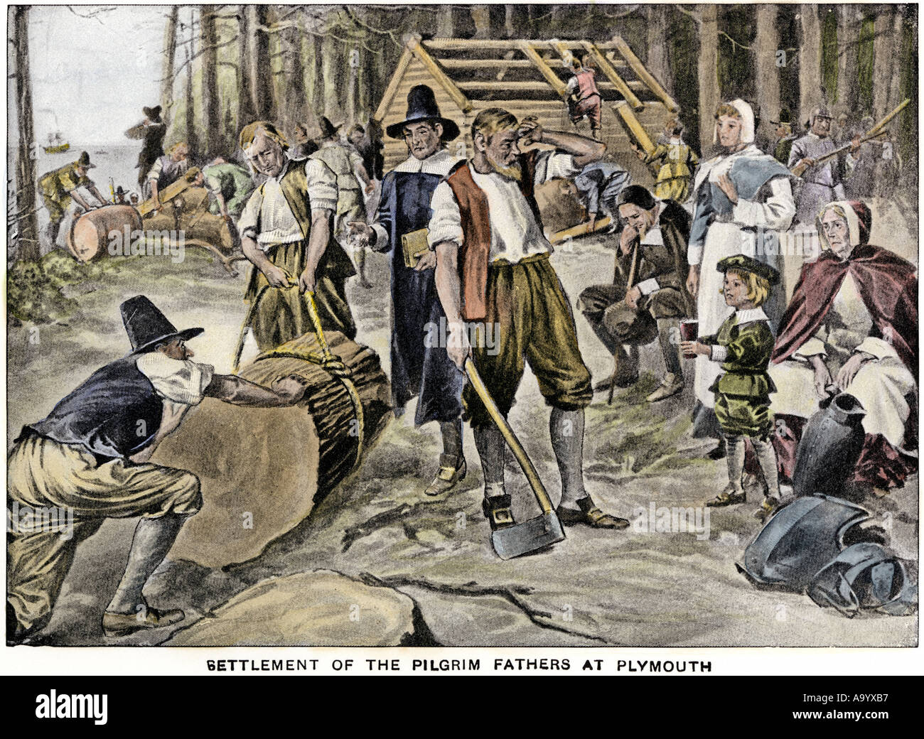 Pilgrims cutting forests and building houses at Plymouth Colony. Hand-colored halftone of an illustration Stock Photo