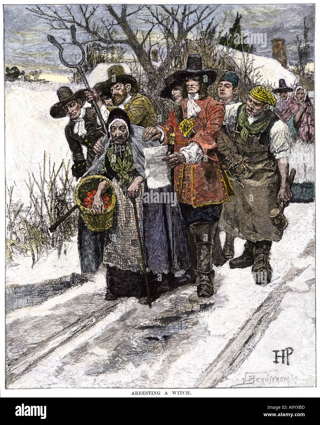New England colonists arresting a witch 1600s. Hand-colored woodcut of a Howard Pyle illustration Stock Photo