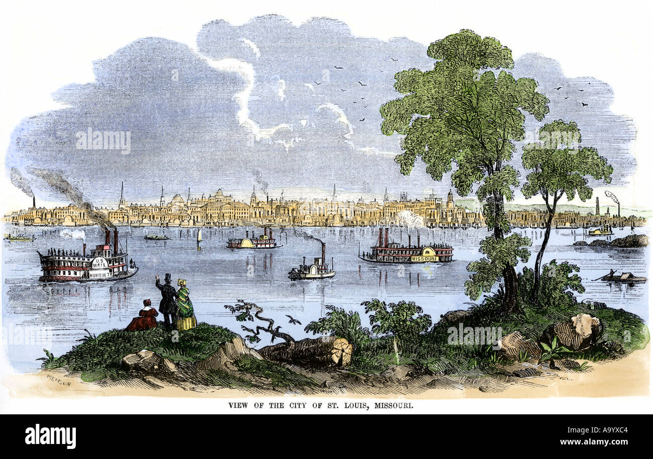 View of the city of St Louis from the Mississippi River 1850s. Hand-colored woodcut Stock Photo