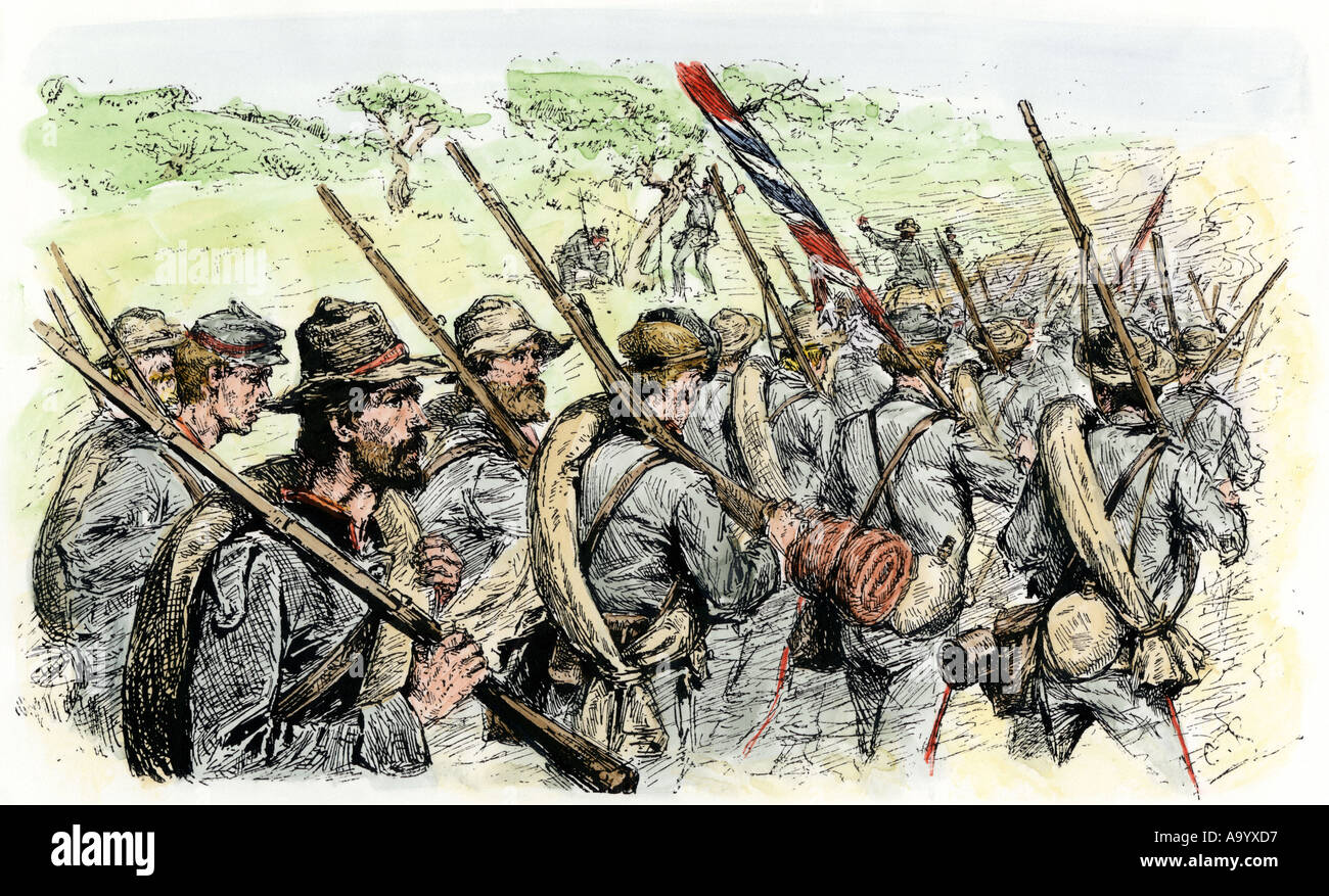 Confederate troops on the march  during the American Civil War. Hand-colored woodcut Stock Photo