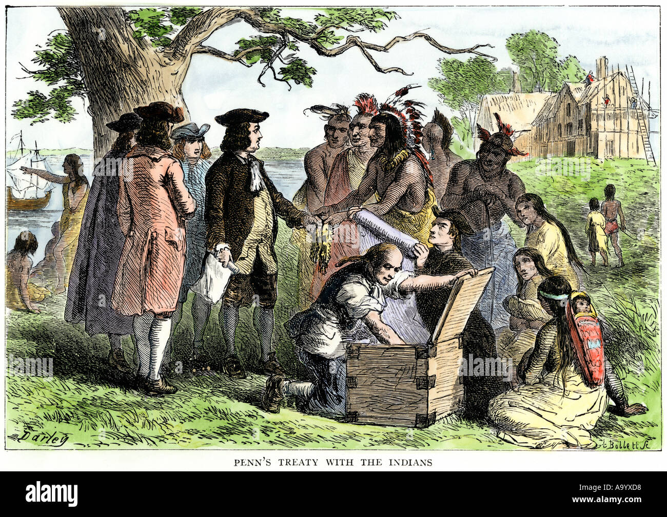 William Penn treaty with Native Americans in Pennsylvania 1680s. Hand-colored woodcut Stock Photo