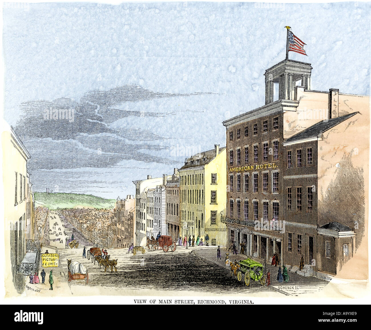 Main Street in Richmond Virginia before the Civil War 1850s. Hand-colored woodcut Stock Photo