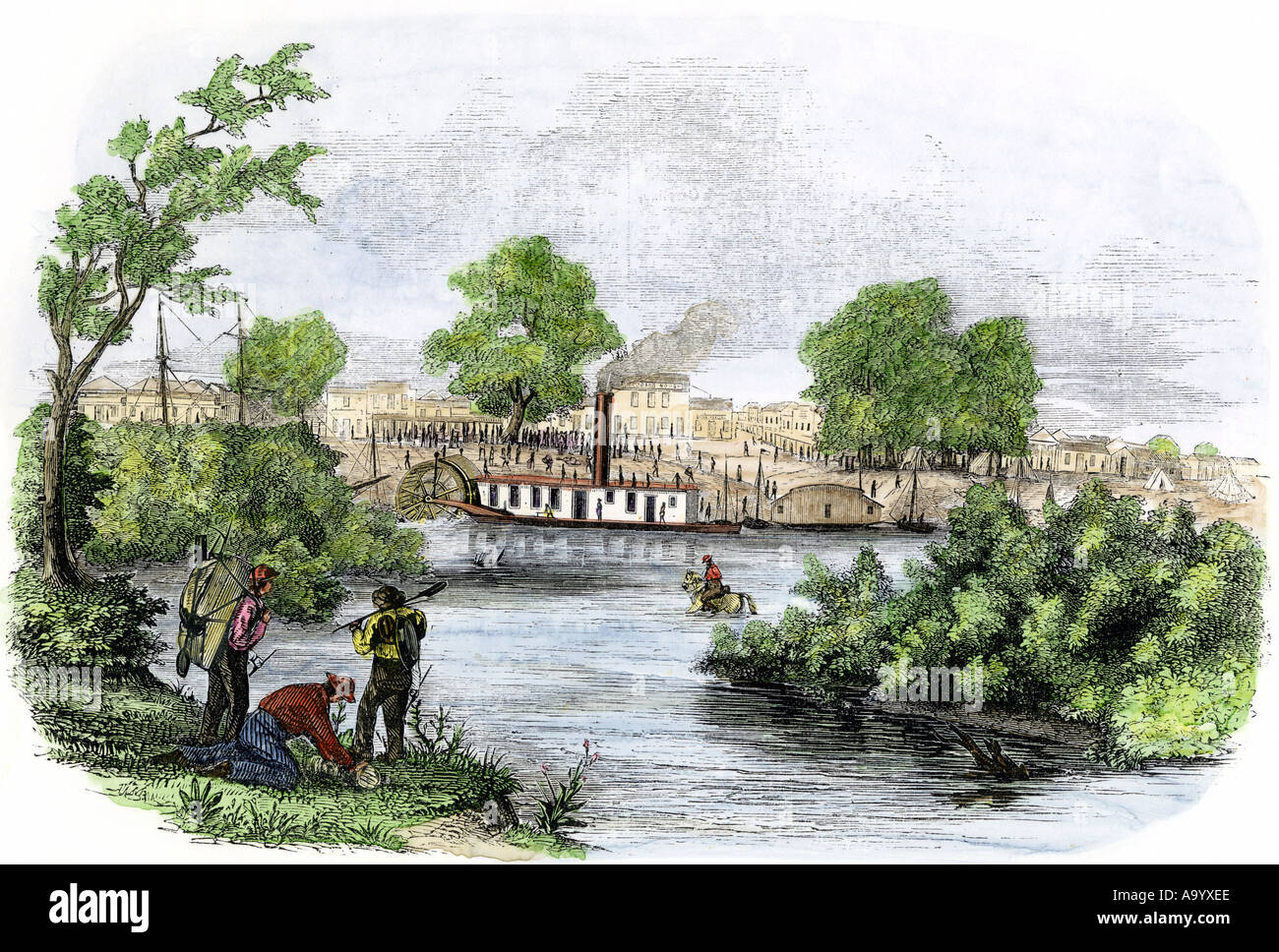 Town of Marysville California during the California Gold Rush 1850. Hand-colored woodcut Stock Photo