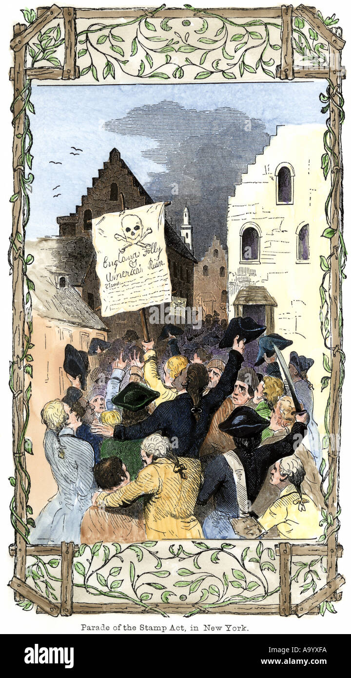 Colonists protesting the Stamp Act in New York City before the American Revolution. Hand-colored woodcut Stock Photo