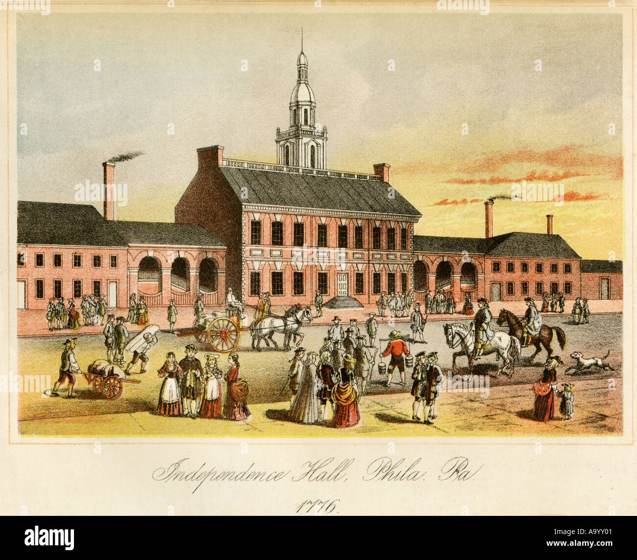 Independence Hall in Philadelphia while the Continental Congress met to write the Declaration of Independence 1776. Color lithograph Stock Photo - Alamy