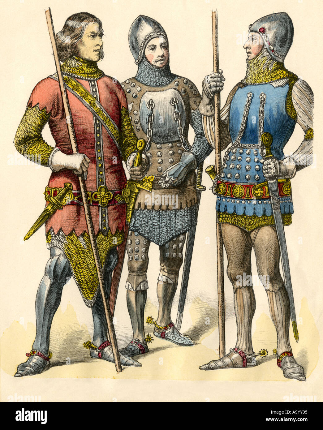 German knights in armor from 1300, 1315 and 1360. Hand-colored print Stock Photo