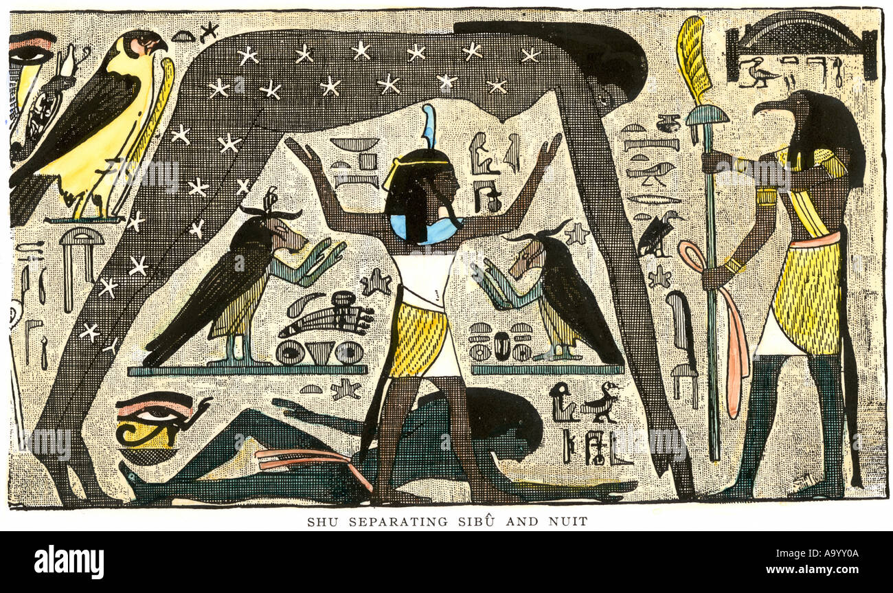 Ancient Egyptian deities Shu separating Sibu and Nuit. Hand-colored woodcut Stock Photo