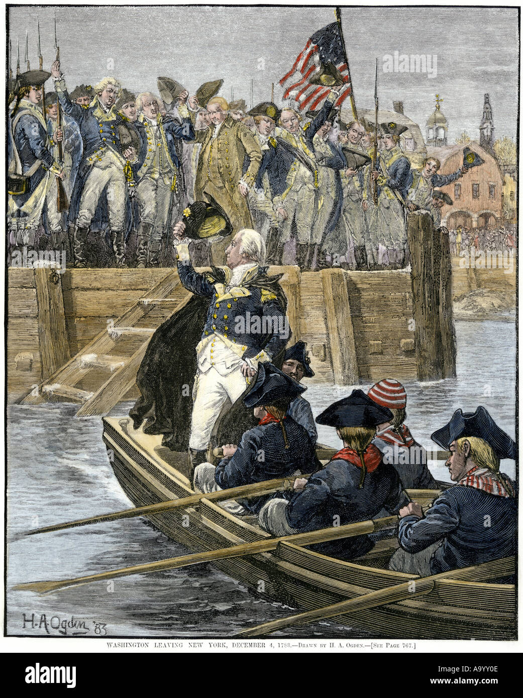 General George Washington leaving New York City after celebrating the British retreat 1783. Hand-colored woodcut Stock Photo