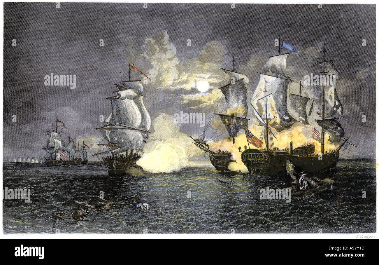 John Paul Jones ship Bon Homme Richard defeating the British Serapis 1779. Hand-colored engraving Stock Photo