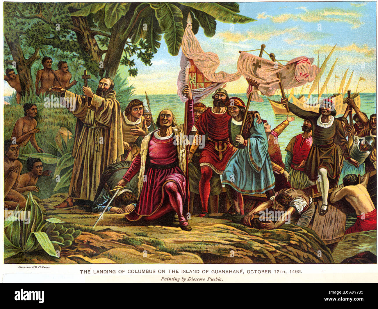Landing of Columbus expedition on the island of Guanahani in 1492. Color lithograph