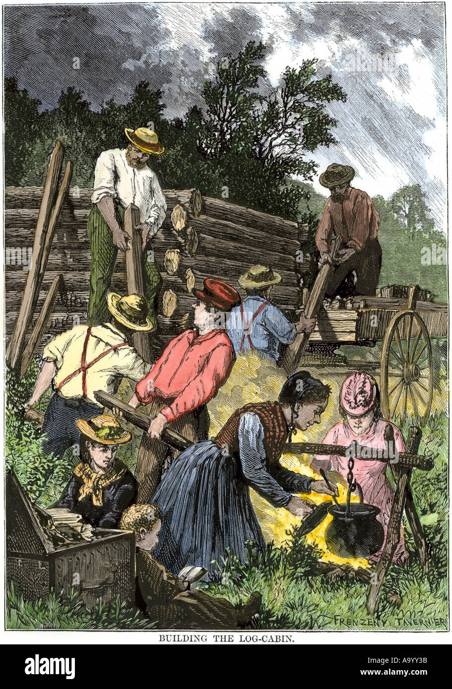 Pioneers building a log cabin 1800s. Hand-colored woodcut Stock Photo