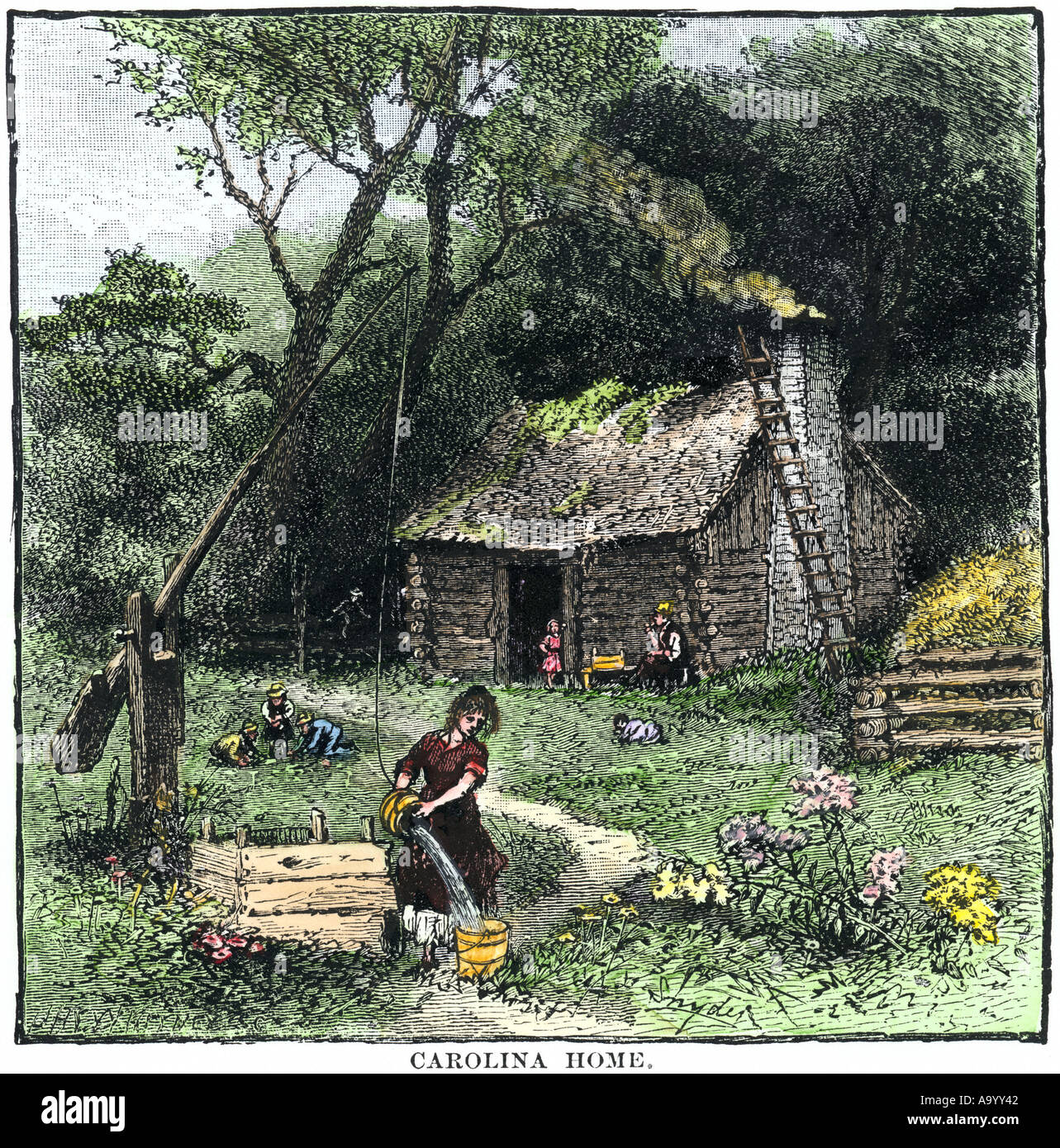 Pioneer woman getting water from the well near her log cabin in the Carolinas. Hand-colored woodcut Stock Photo
