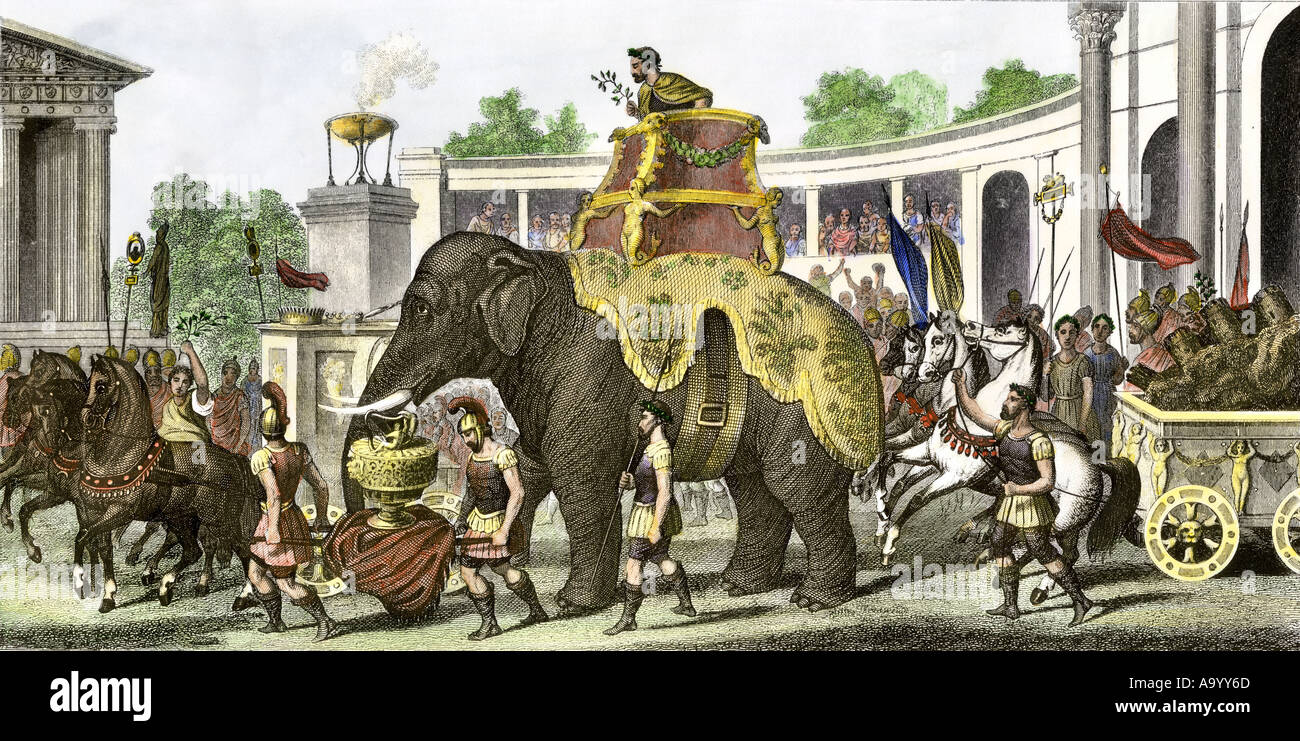 Victorious Hannibal on an elephant bringing trophies and Roman prisoners into a cheering arena in ancient Carthage. Hand-colored engraving Stock Photo