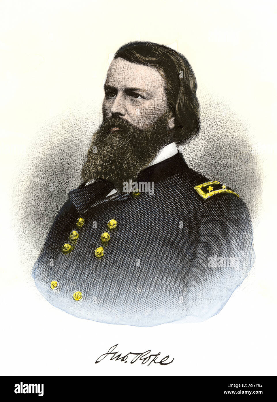 Union General John Pope US Civil War with his signature. Hand-colored steel engraving Stock Photo