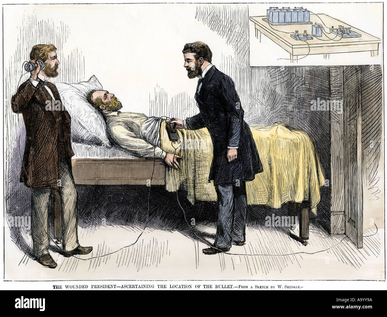 Alexander Graham Bell and Simon Newcomb using induction to locate bullet in the wounded President James Garfield 1881. Hand-colored woodcut Stock Photo