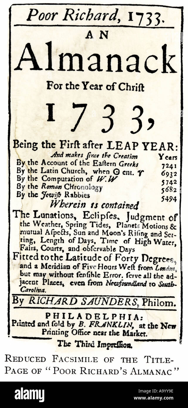 Title page of Poor Richards Almanack published by Benjamin Franklin 1733. Woodcut with a watercolor wash Stock Photo