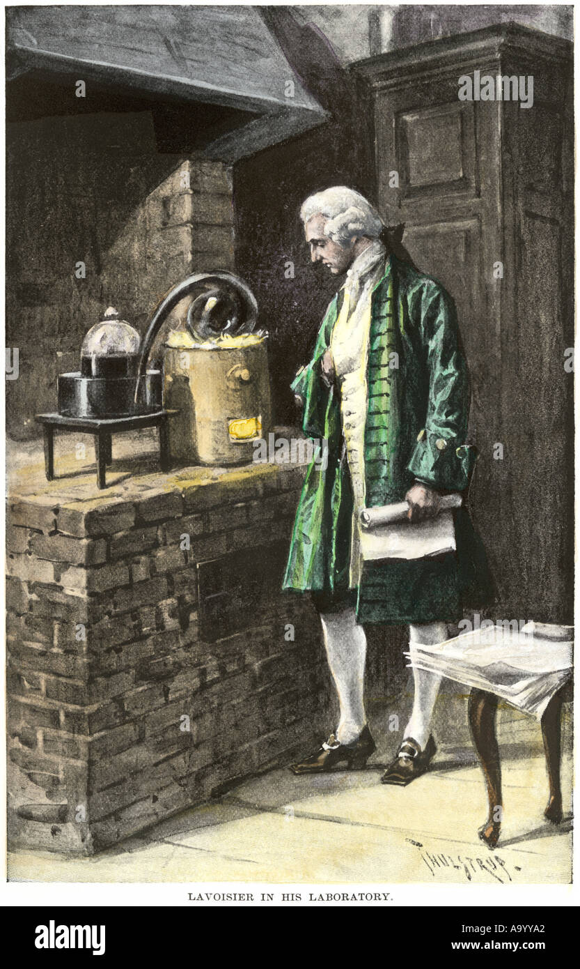 Antoine Laurent Lavoisier conducting an experiment in his laboratory 1700s.  Hand-colored halftone of an illustration Stock Photo - Alamy
