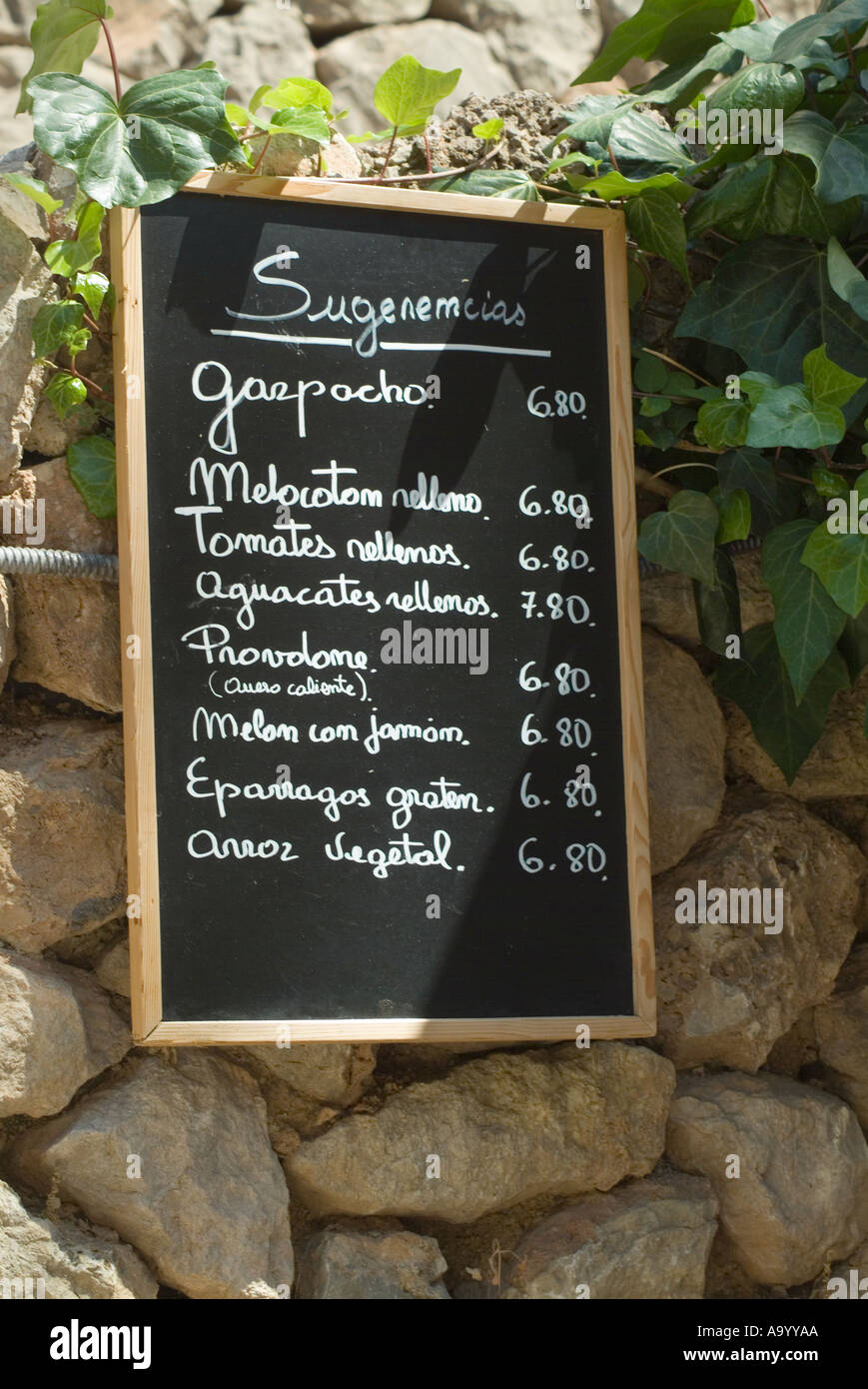 restaurant menu board Deia Mallorca Spain Stock Photo