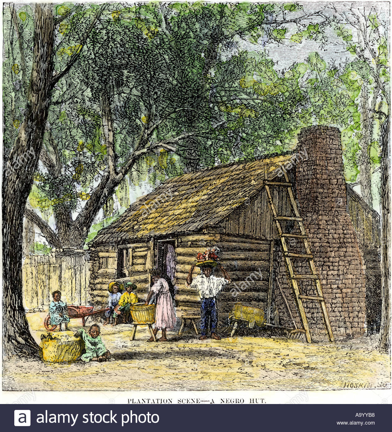 Slave family outside their cabin on a southern plantation. Hand-colored woodcut Stock Photo