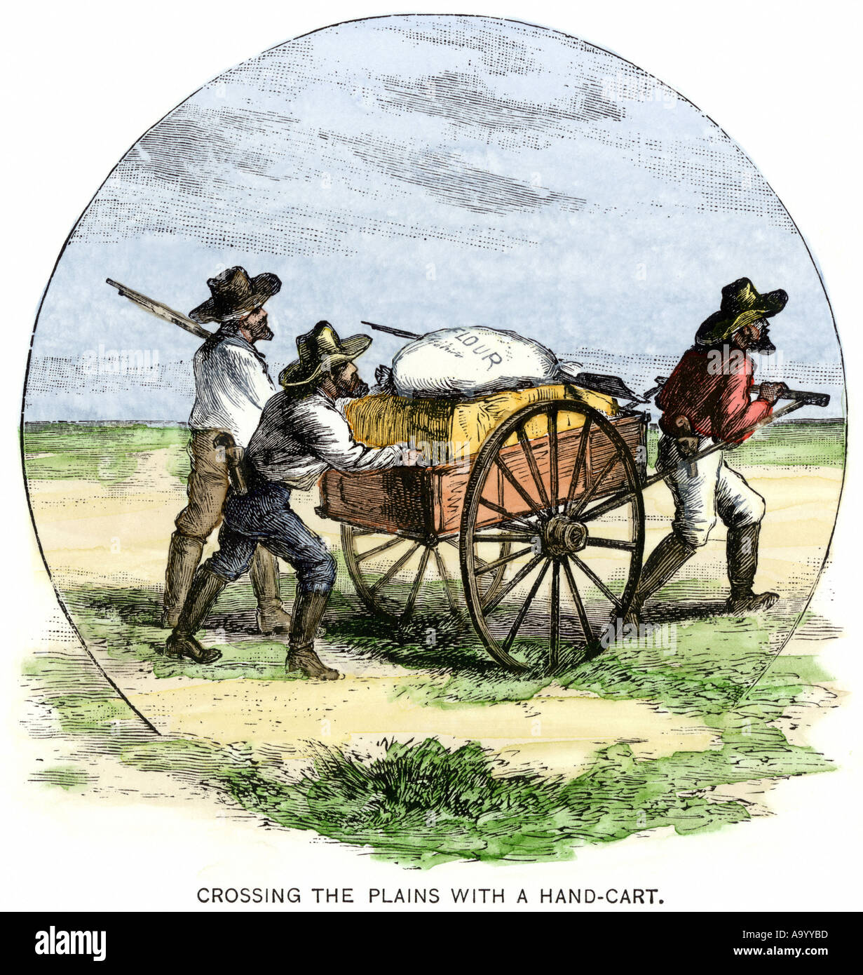 Mormons crossing the plains with a handcart to Utah 1800s. Hand-colored woodcut Stock Photo