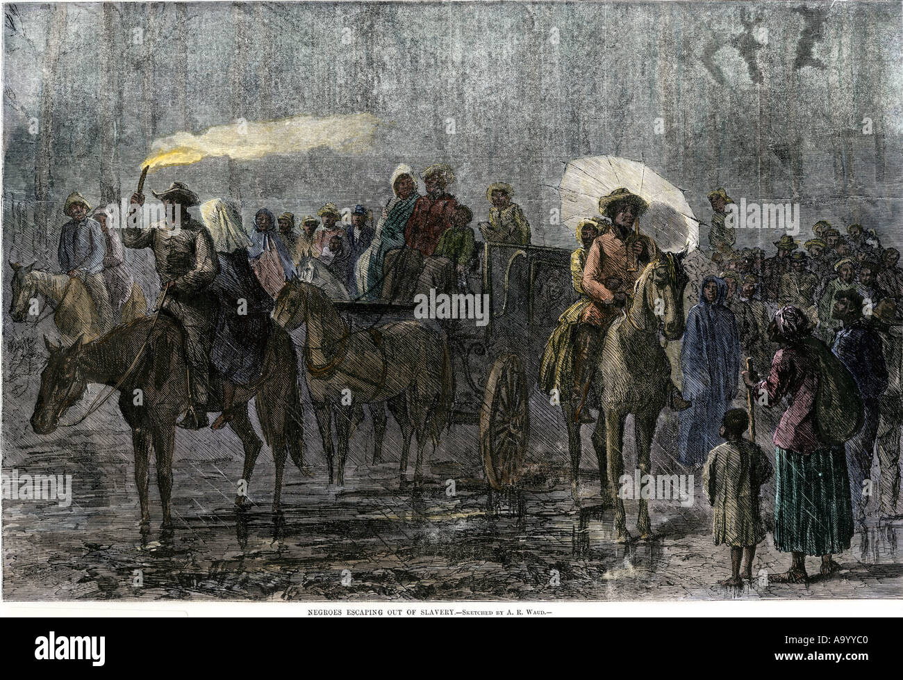 Group of slaves escaping for the North in the night. Hand-colored woodcut Stock Photo