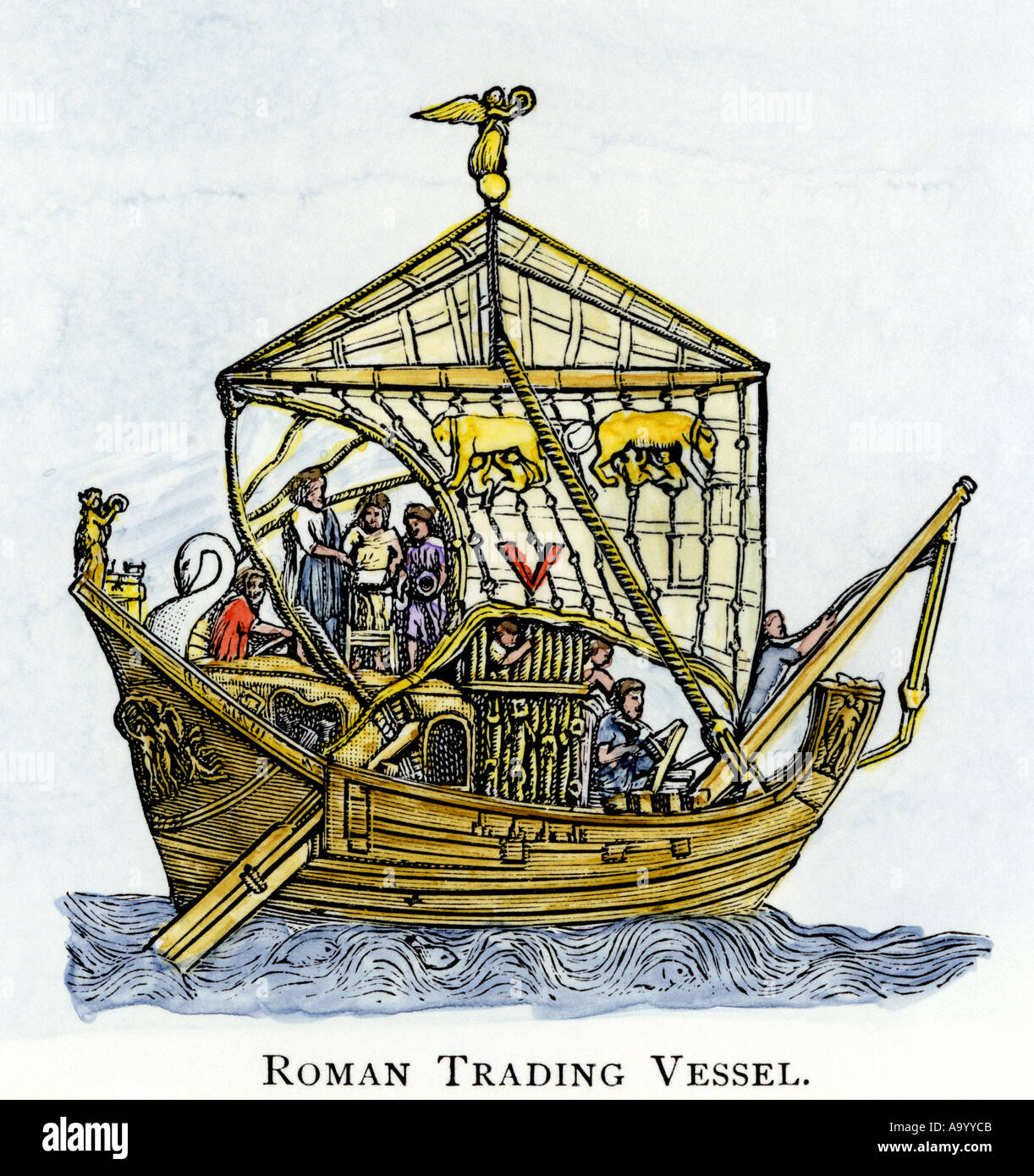 Ancient Roman trading ship with a rudder. Hand-colored woodcut Stock Photo
