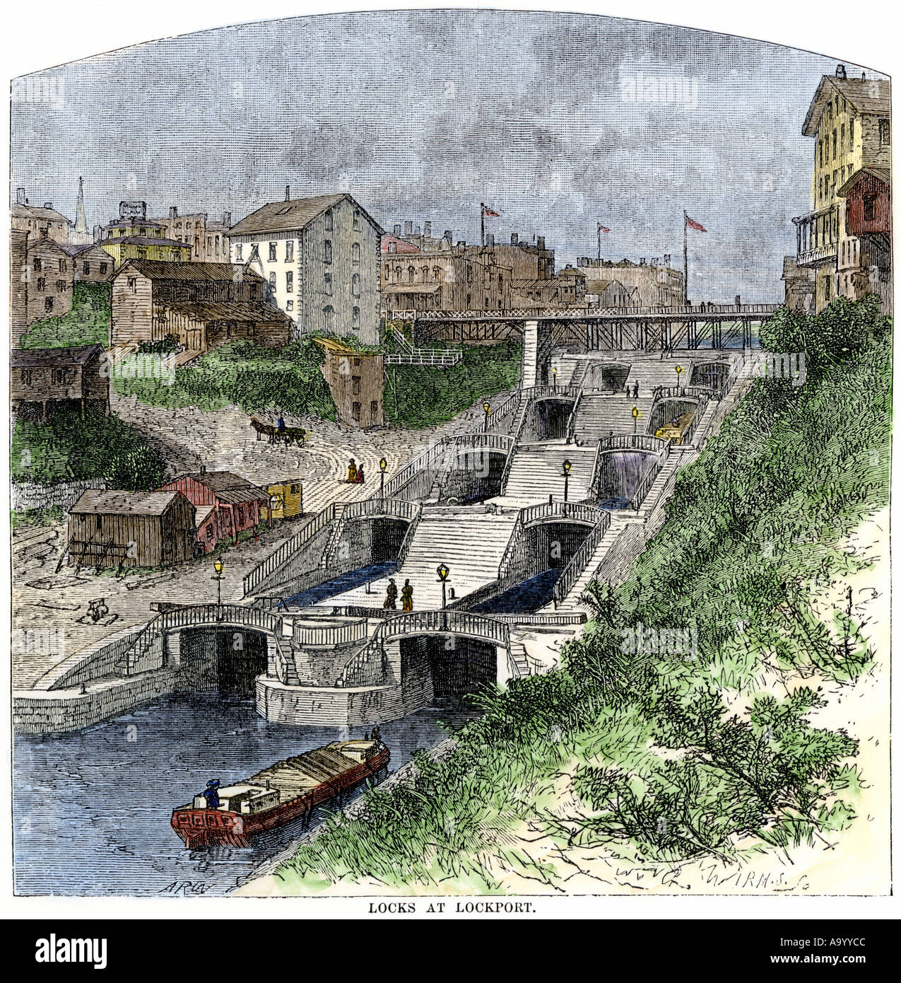 Erie Canal locks at Lockport New York 1870s. Hand-colored woodcut Stock Photo