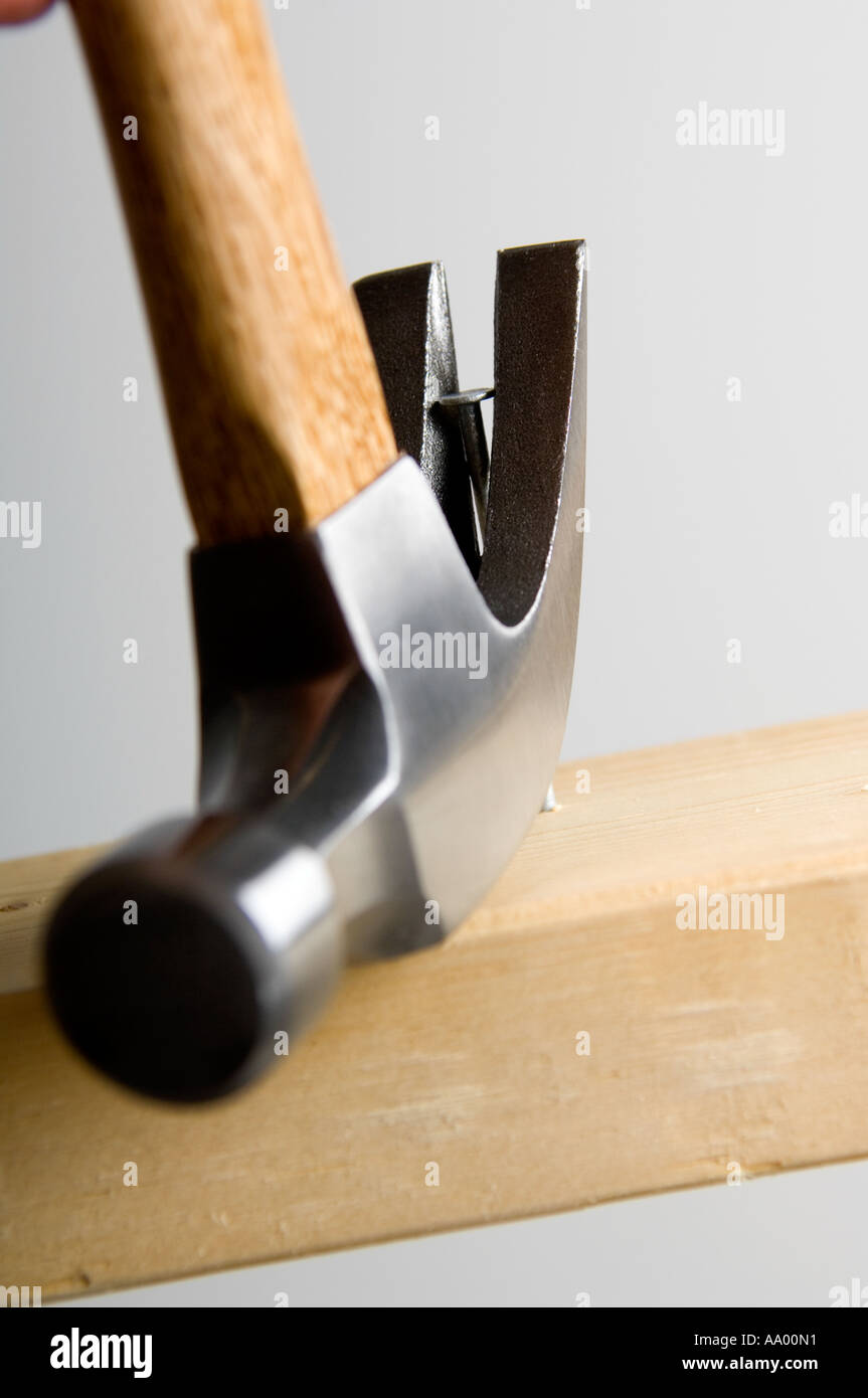 Hammer pulling nail out of wood Stock Photo Alamy