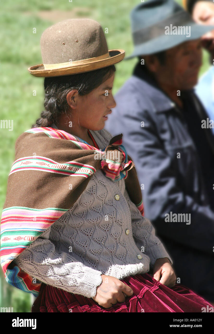 A Traditional Young Bolivian girl wearing a bowler hat in Llallagua
