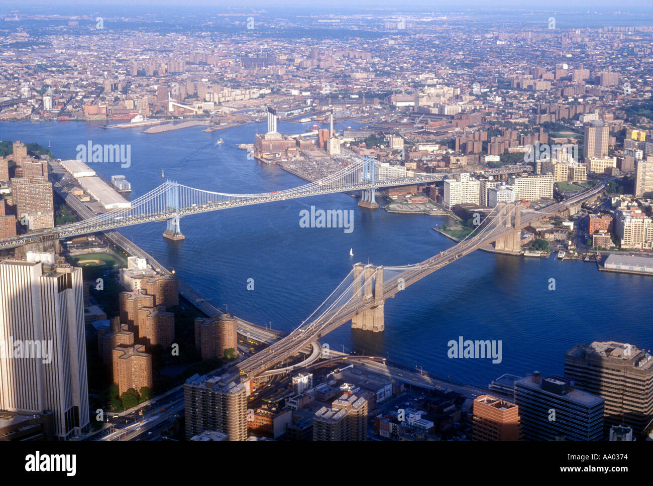Aerial view of the East River and Brooklyn Bridge in New York City USA