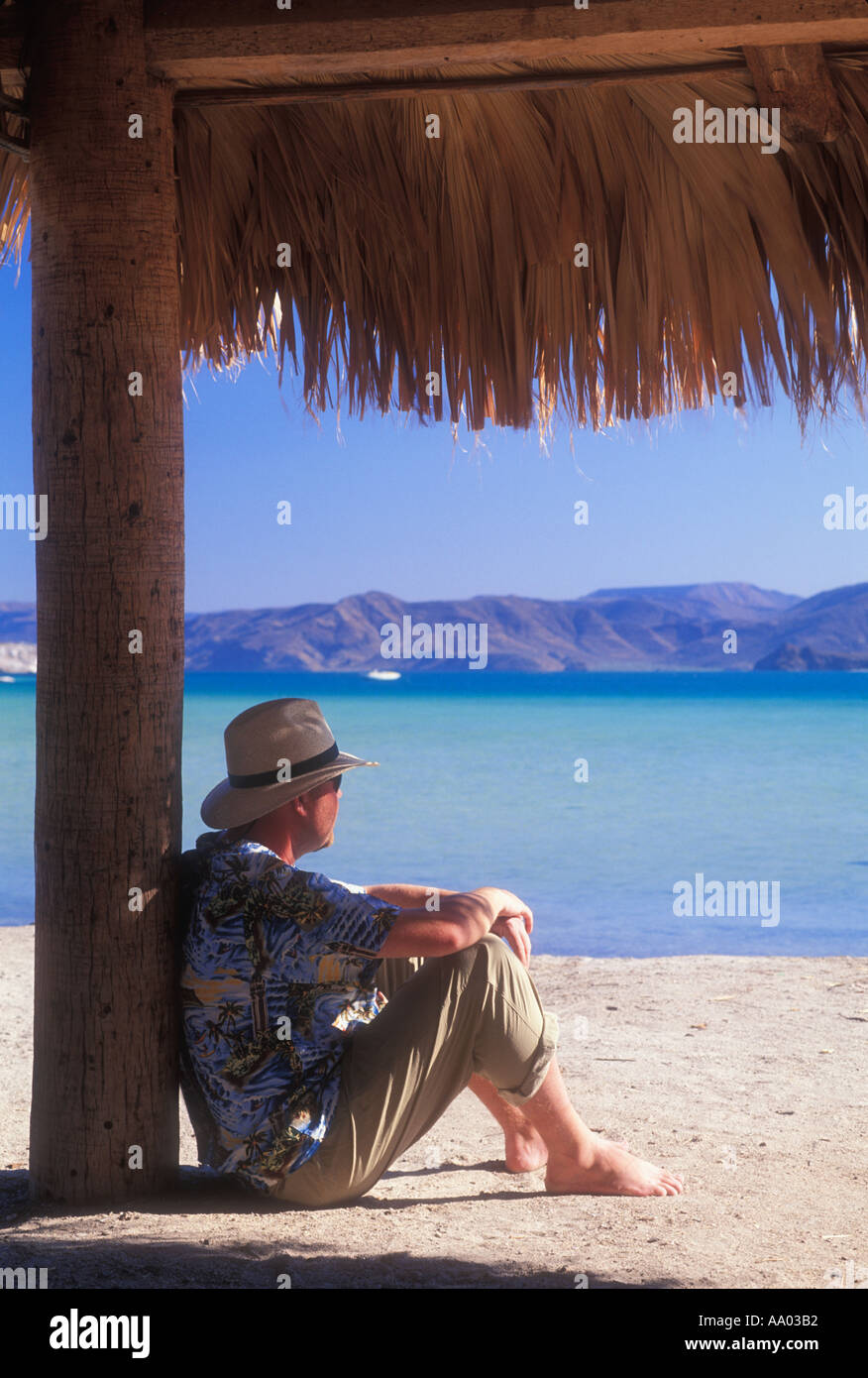 Man sitting in the shade under palapa Mulege Baja California Mexico Model released image Stock Photo