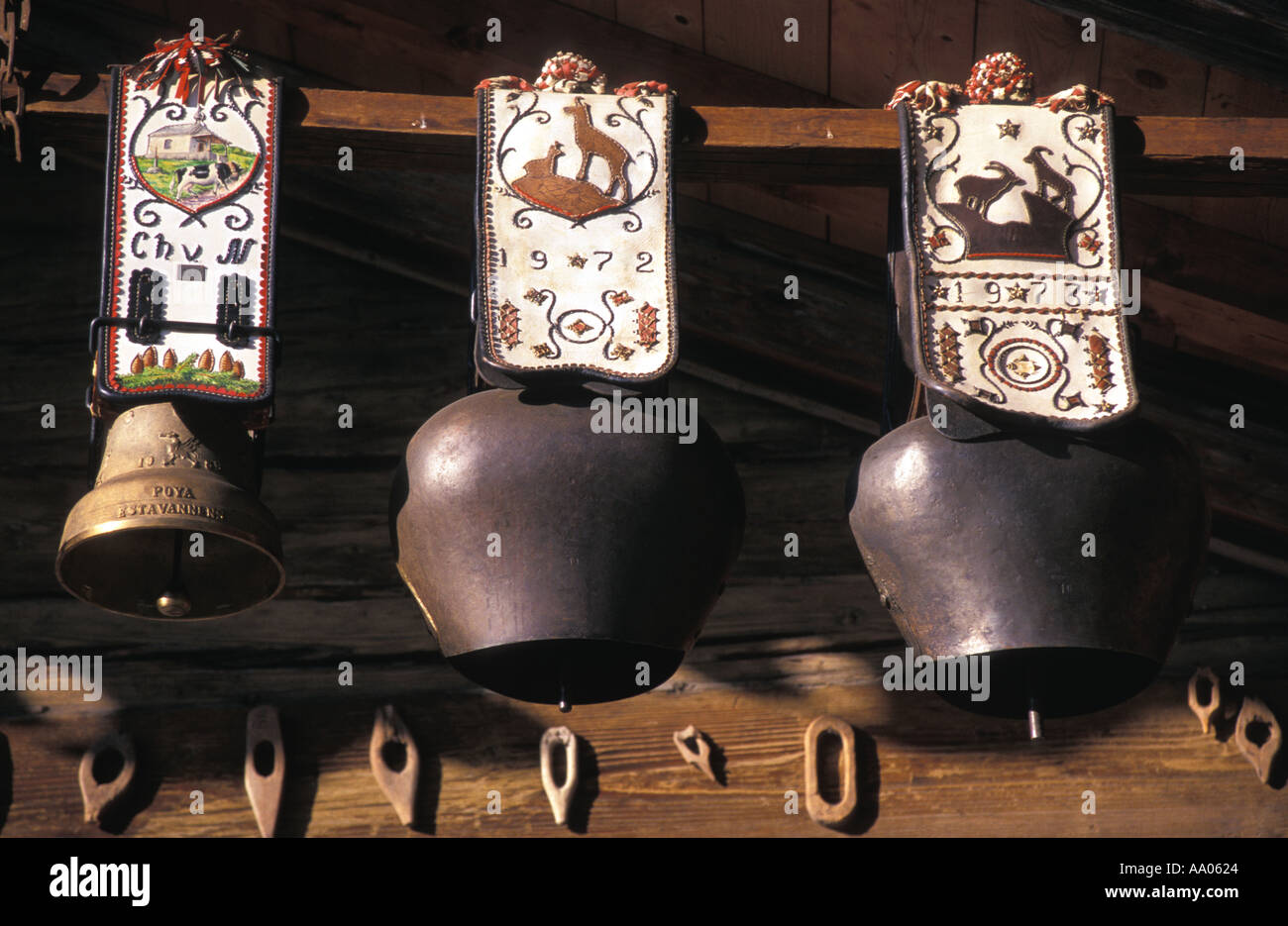 Souvenir Cowbells, Rougemont, Switzerland. Stock Photo