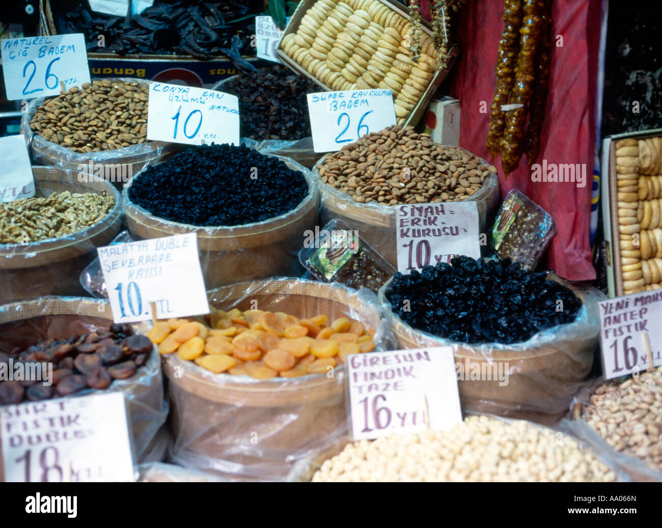 Dried fruit and nut display at the spice market in Mamara, Istanbul