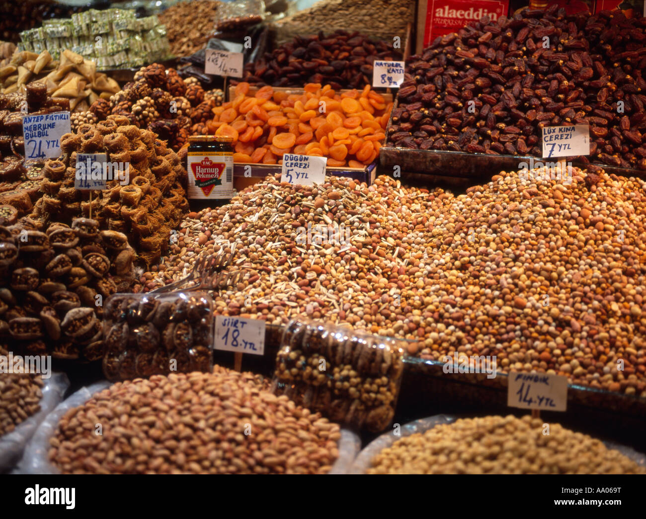 Dried fruit and nut display at the spice market in Mamara, Istanbul