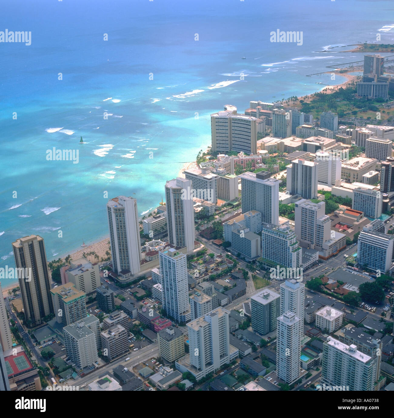 Honolulu Hawaii from helicopter showing Waikiki Beach Stock Photo - Alamy