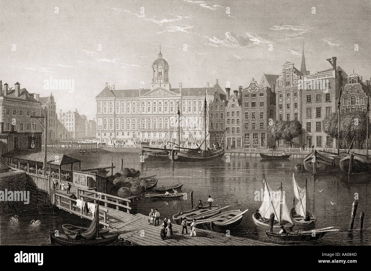 Amsterdam, The Damrak Palace, 19th century.  From the original painting by Lt Col Batty F R S. Engraved by R Brandford. Stock Photo