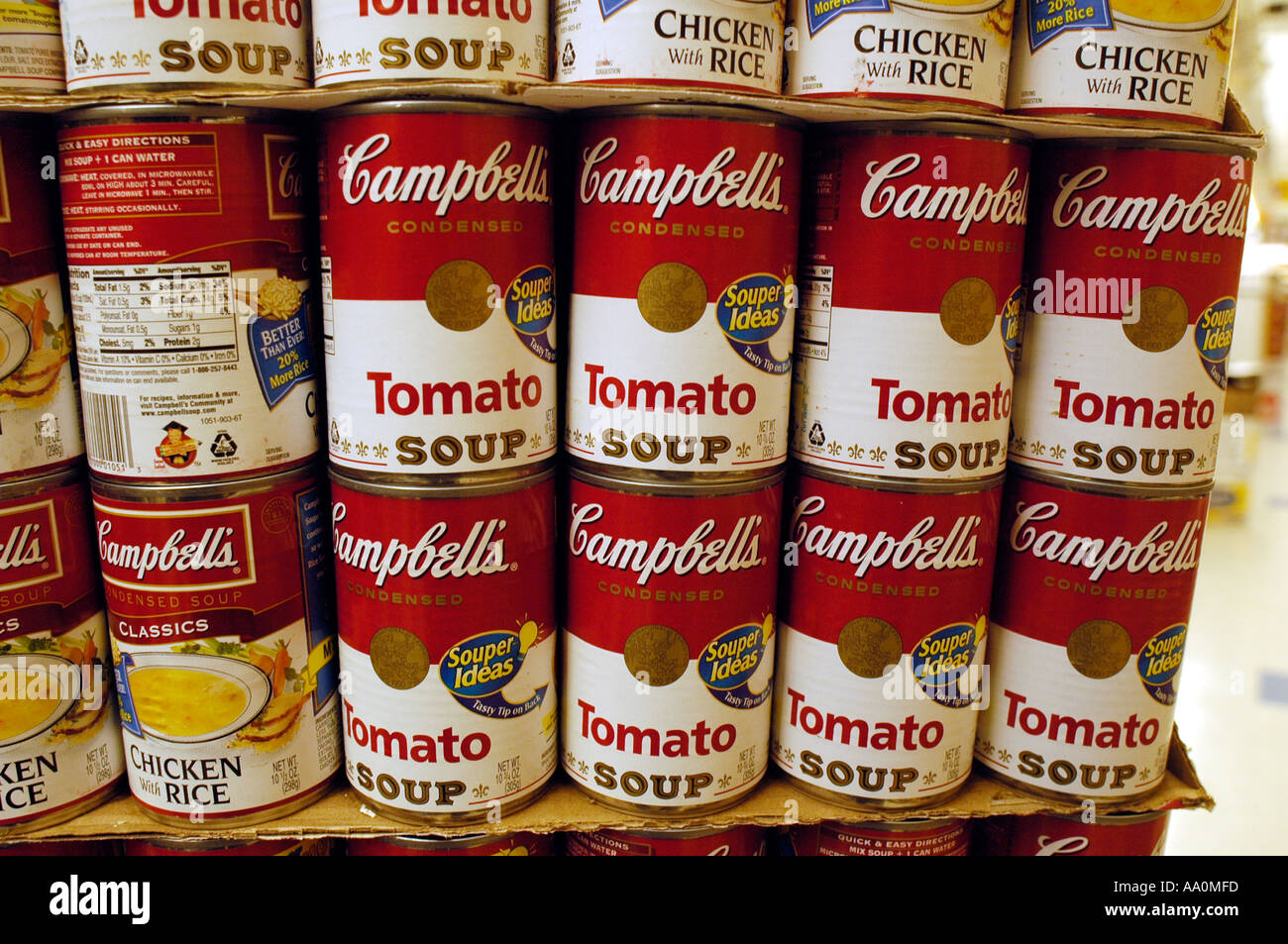 A display of Campbell s soups in a supermarket Stock Photo