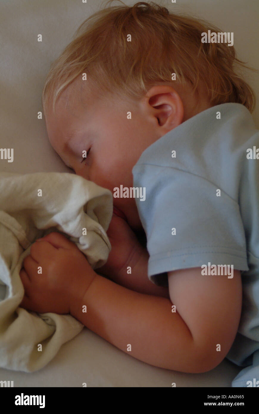 Baby asleep in a cot holding a comforter Stock Photo Alamy