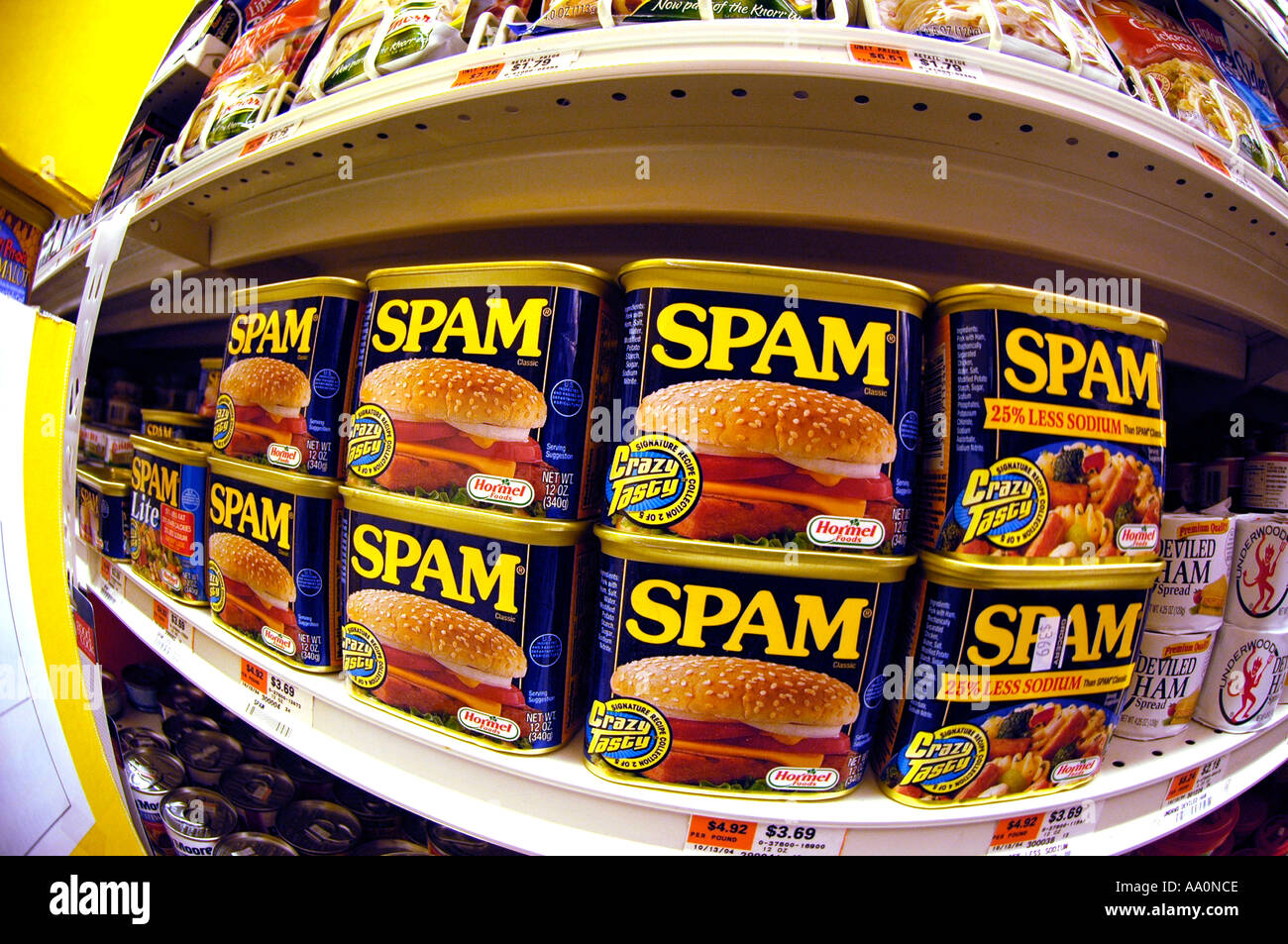 Cans of Spam by Hormel are seen on a supermarket shelf  Stock Photo