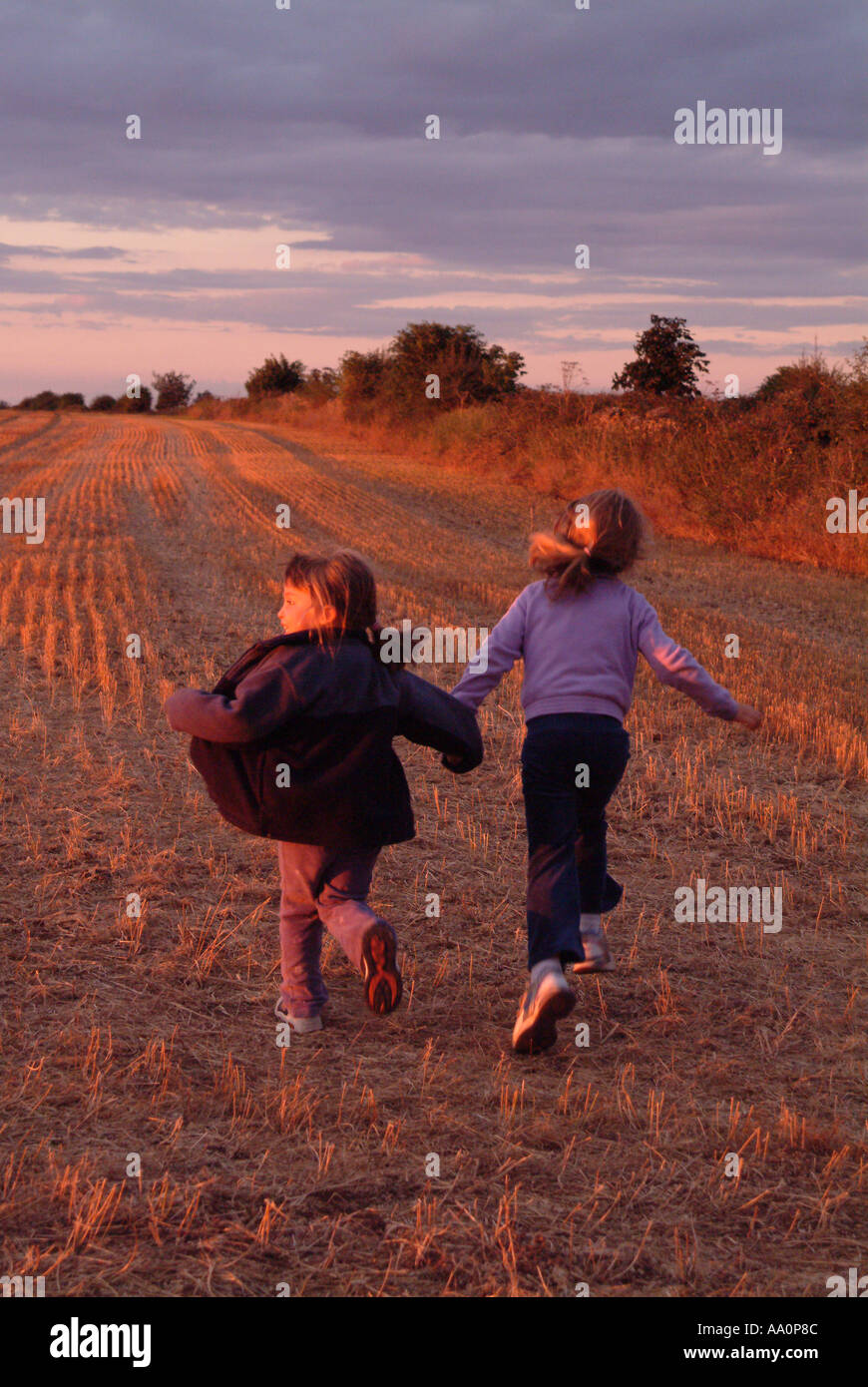 Rear view of two girls holding hands and running through a stubble ...