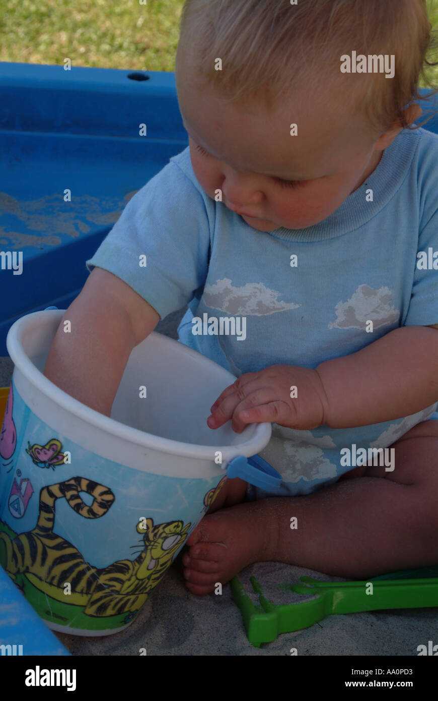 Baby playing in a sandpit Stock Photo Alamy