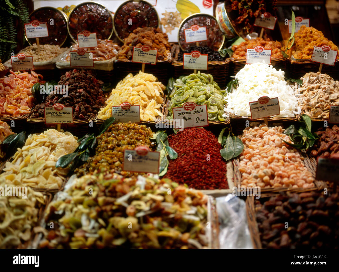 Dried fruit and nut display at the spice market in Mamara, Istanbul