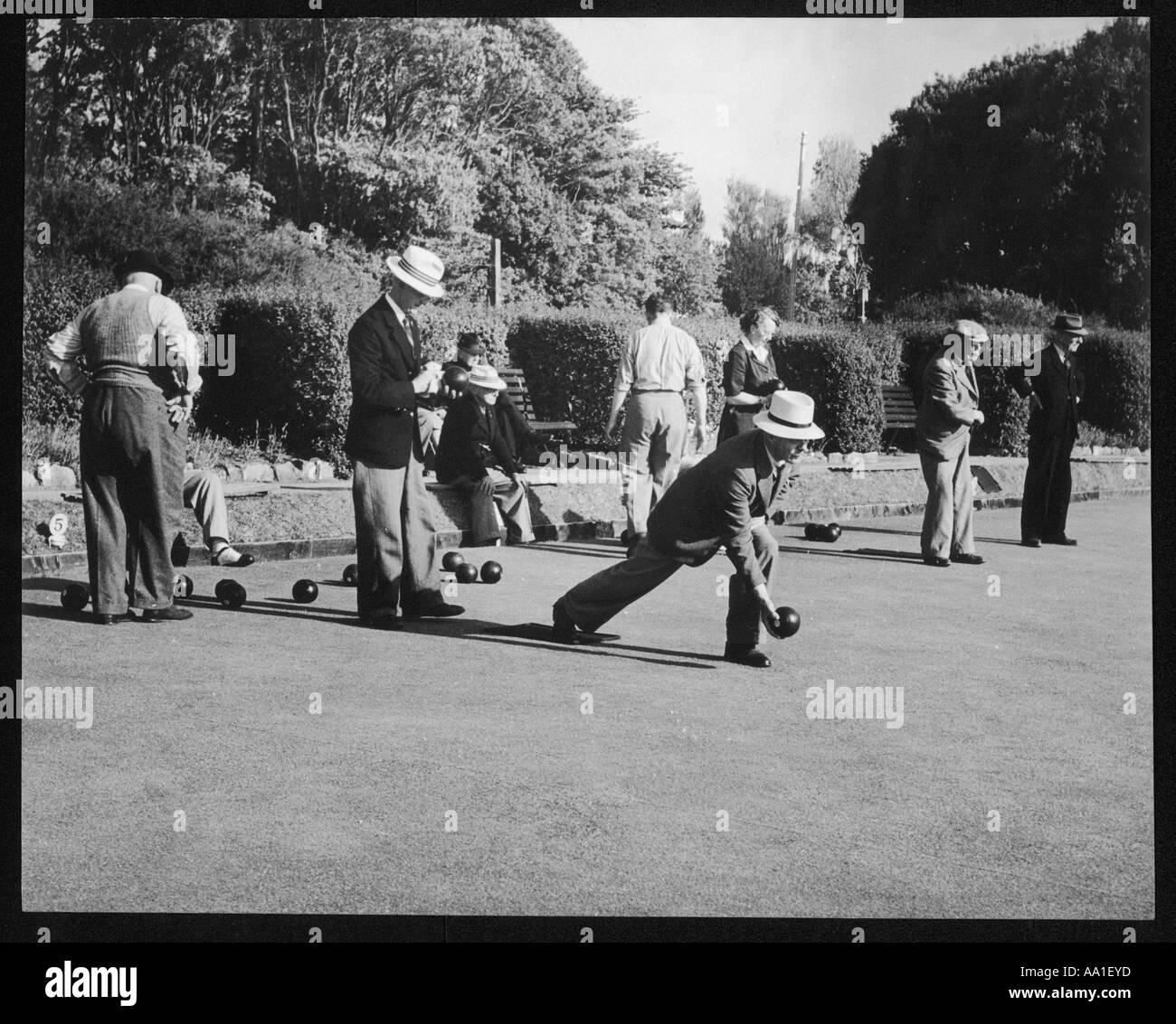 Gentlemen Bowling 1950s Stock Photo