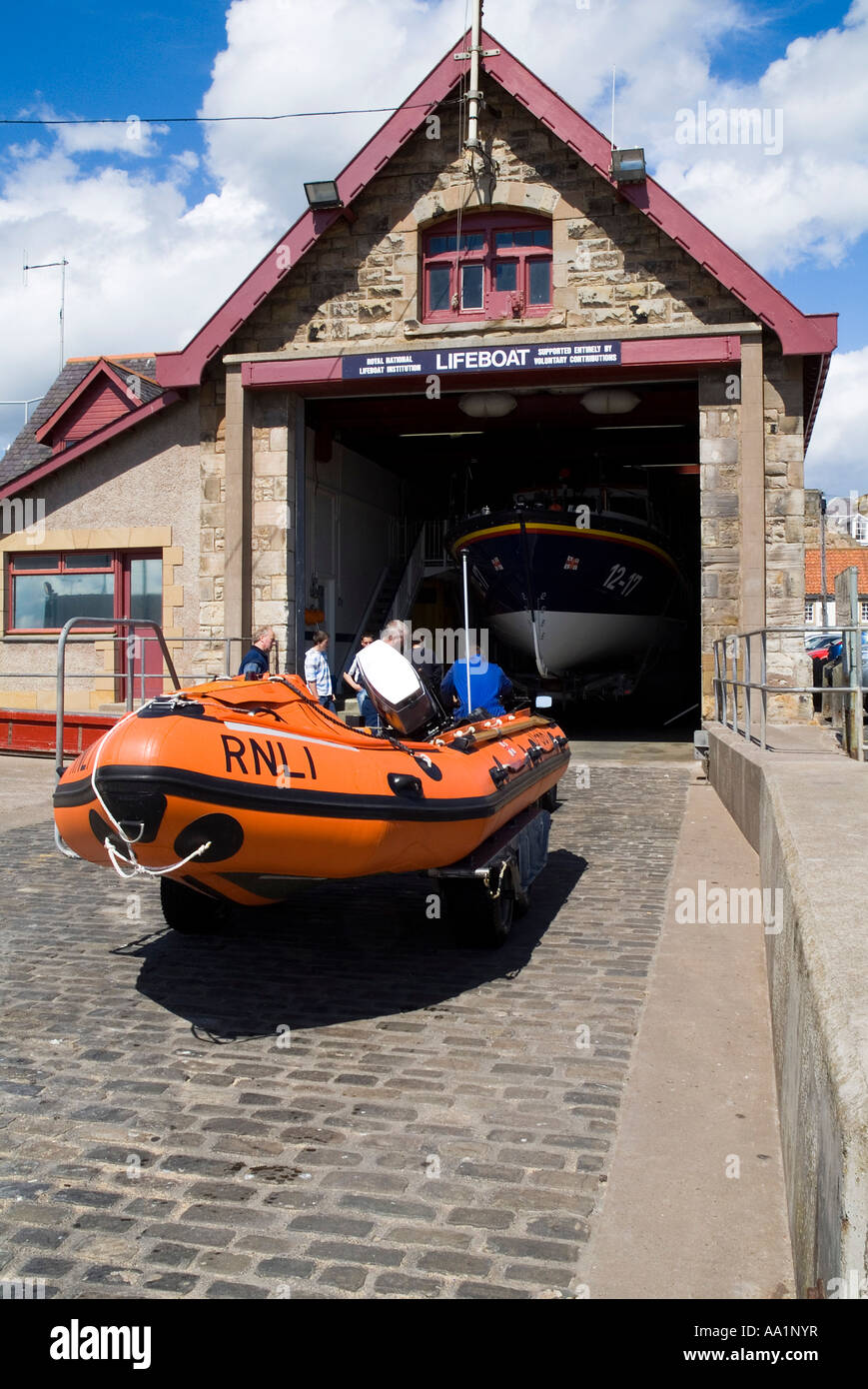 dh RNLI LIFEBOAT FIFE Inshore inflatable on slipway outside station scotland life saving boat shed Stock Photo