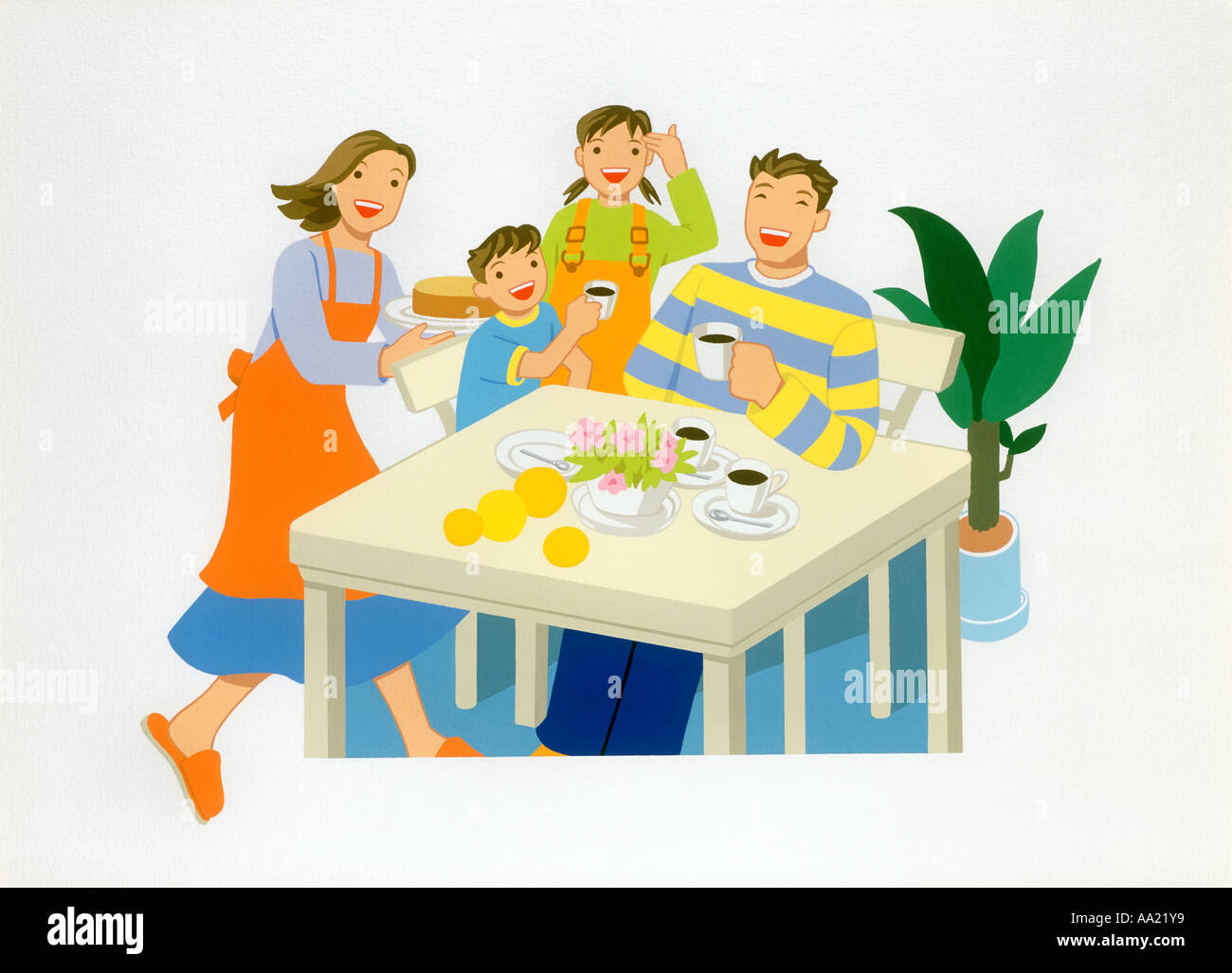 Illustration Family At Tea Time Stock Photo Alamy