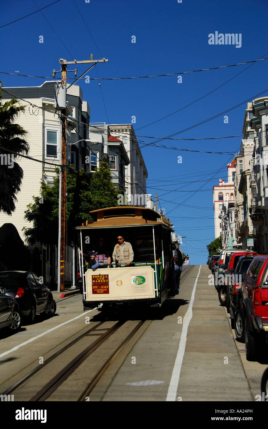 San Francisco Cable Car traveling down one of the hills in the downtown area Stock Photo