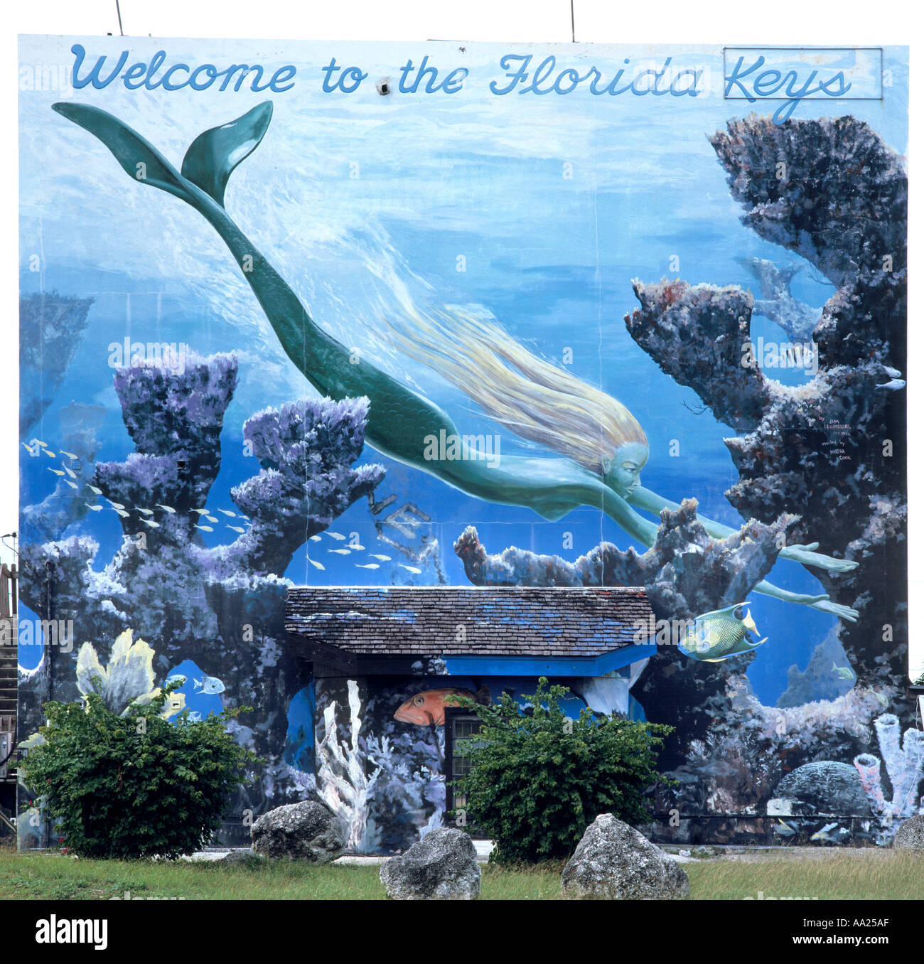 Mural on the side of a house in Key Largo with 'Welcome to the Florida Keys', Florida, USA Stock Photo