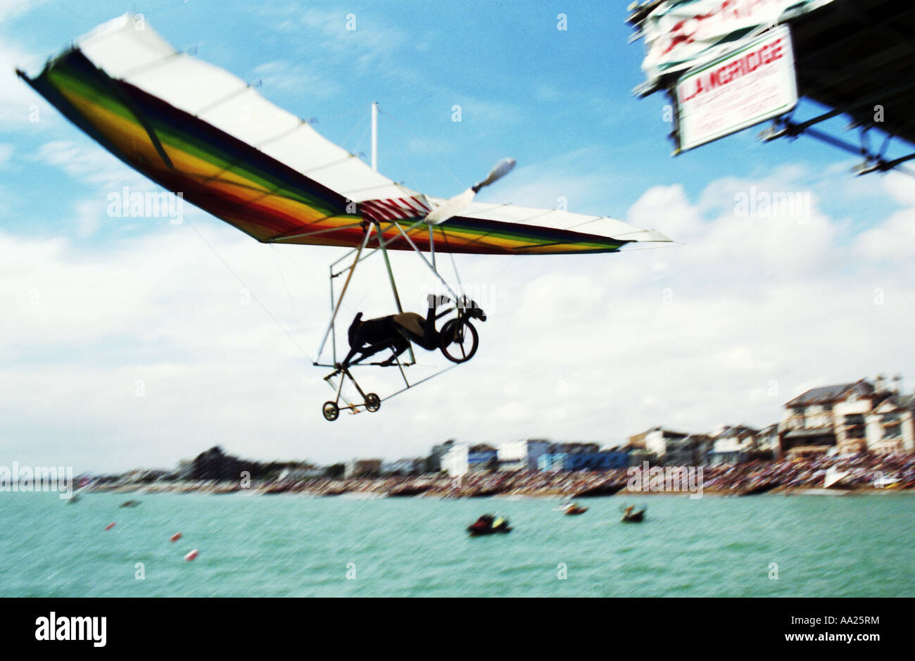 Bicycle powered handglider at the Birdman of Bognor competition, 2001