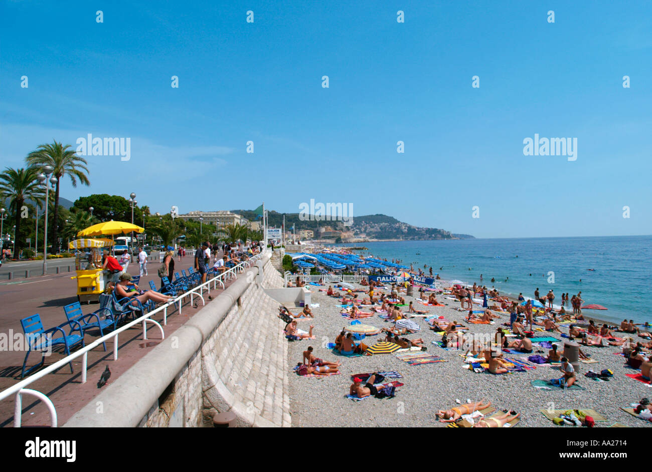 Beach below the Promenade des Anglais, Nice, France Stock Photo