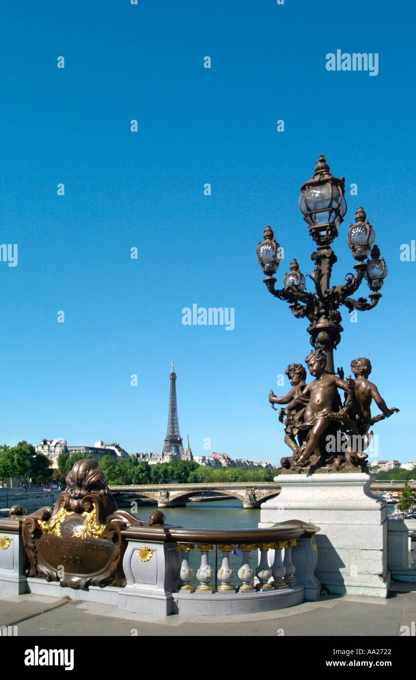 Eiffel Tower from Alexandre III Bridge, River Seine, Paris, France Stock Photo
